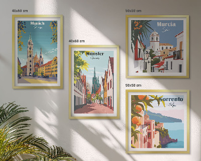 Tavelvägg ovanför soffa Europeiska städer i färgillustrationer