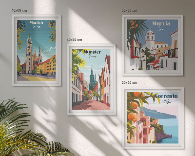 Tavelvägg ovanför soffa Europeiska städer i färgillustrationer