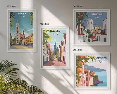 Tavelvägg med europeiska städer färgillustrationer ovanför soffa