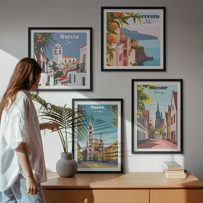 Tavelvägg ovanför soffa Europeiska städer i färgillustrationer