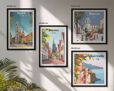 Tavelvägg ovanför soffa Europeiska städer i färgillustrationer