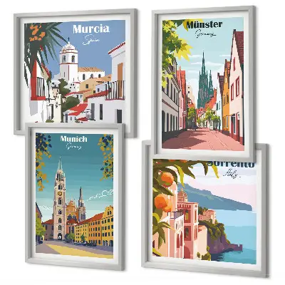 Tavelvägg med europeiska städer färgillustrationer ovanför soffa
