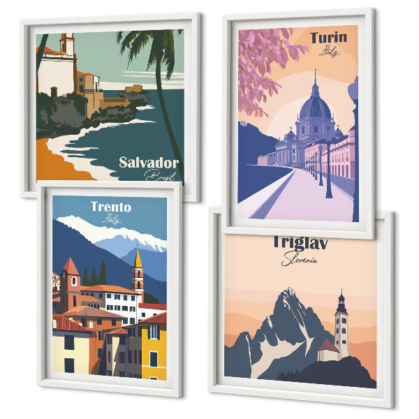 Tavelvägg med 4 tavlor Berg retro arkitektur illustrationer