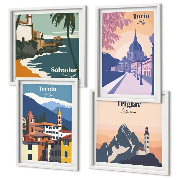Tavelvägg med 4 tavlor med illustrationer av berg i retro arkitektonisk stil