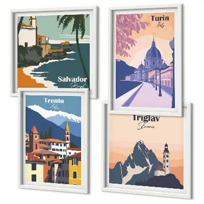 Tavelvägg med 4 tavlor med illustrationer av berg i retro arkitektonisk stil
