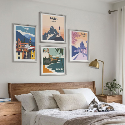 Tavelvägg med 4 tavlor Berg retro arkitektur illustrationer