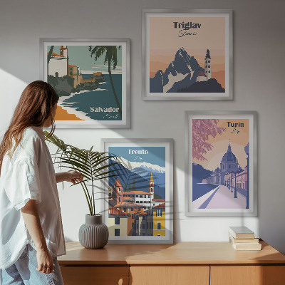 Tavelvägg med 4 tavlor Berg retro arkitektur illustrationer