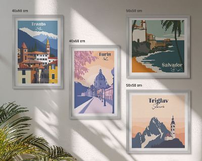 Tavelvägg med 4 tavlor Berg retro arkitektur illustrationer