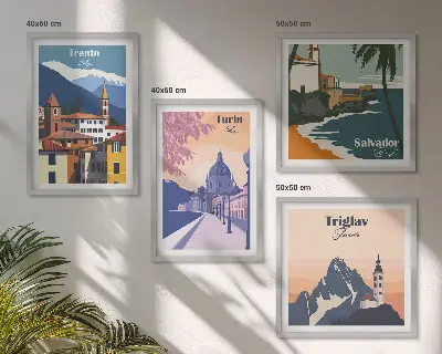 Tavelvägg med 4 tavlor med illustrationer av berg i retro arkitektonisk stil