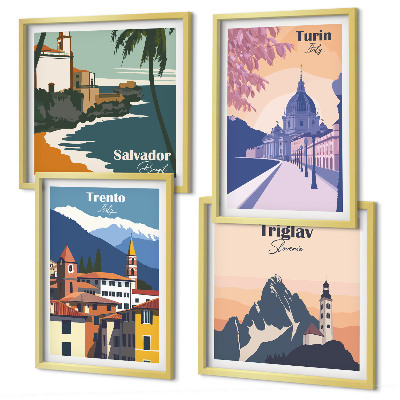 Tavelvägg med 4 tavlor Berg retro arkitektur illustrationer