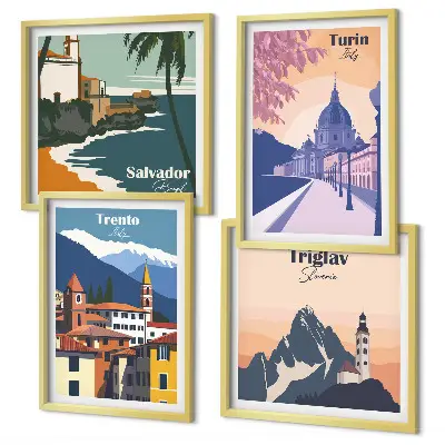 Tavelvägg med 4 tavlor med illustrationer av berg i retro arkitektonisk stil