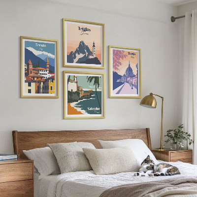 Tavelvägg med 4 tavlor Berg retro arkitektur illustrationer