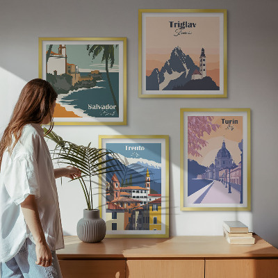 Tavelvägg med 4 tavlor Berg retro arkitektur illustrationer