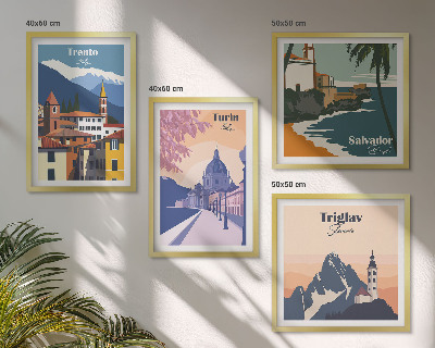 Tavelvägg med 4 tavlor Berg retro arkitektur illustrationer