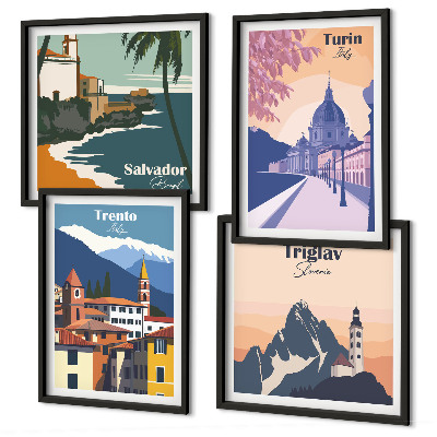 Tavelvägg med 4 tavlor Berg retro arkitektur illustrationer