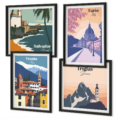 Tavelvägg med 4 tavlor med illustrationer av berg i retro arkitektonisk stil