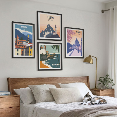 Tavelvägg med 4 tavlor Berg retro arkitektur illustrationer