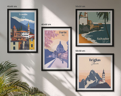 Tavelvägg med 4 tavlor Berg retro arkitektur illustrationer