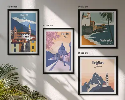 Tavelvägg med 4 tavlor med illustrationer av berg i retro arkitektonisk stil