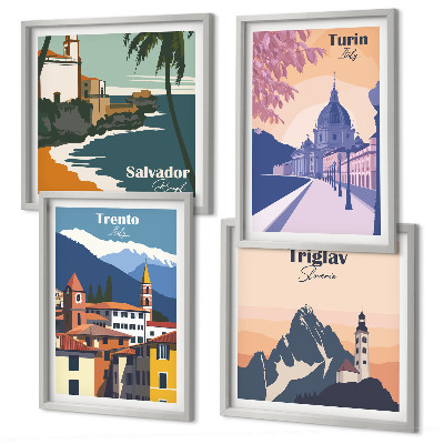 Tavelvägg med 4 tavlor Berg retro arkitektur illustrationer