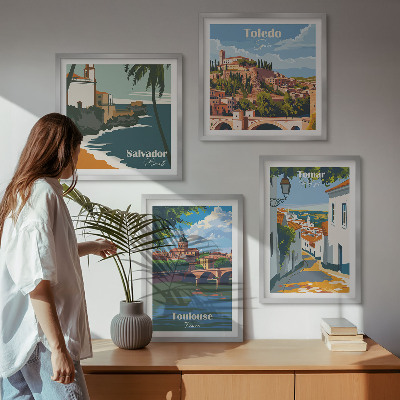 Tavelvägg ovanför soffa Retro stadsgrafik