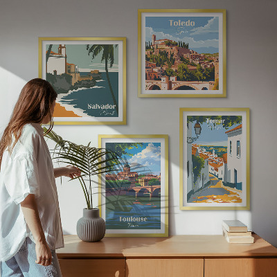 Tavelvägg ovanför soffa Retro stadsgrafik