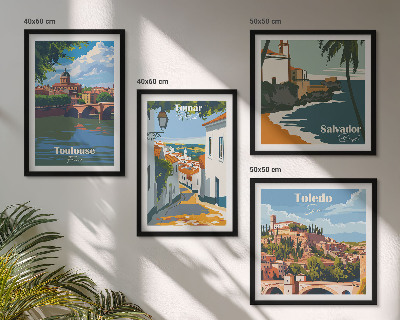 Tavelvägg ovanför soffa Retro stadsgrafik