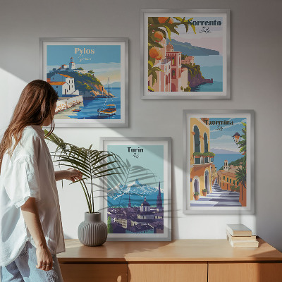 Tavelvägg ovanför soffa Färgglada illustrationer av retrostäder