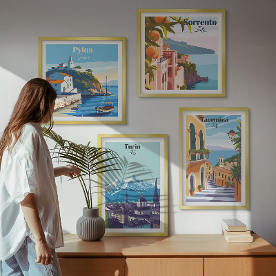 Tavelvägg ovanför soffa Färgglada illustrationer av retrostäder