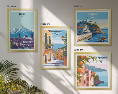 Tavelvägg ovanför soffa Färgglada illustrationer av retrostäder