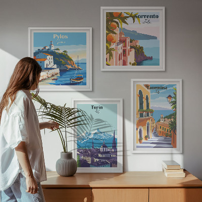 Tavelvägg ovanför soffa Färgglada illustrationer av retrostäder