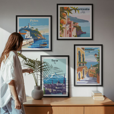 Tavelvägg ovanför soffa Färgglada illustrationer av retrostäder