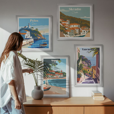 Tavelvägg med 4 tavlor Illustrationer av kuststaden