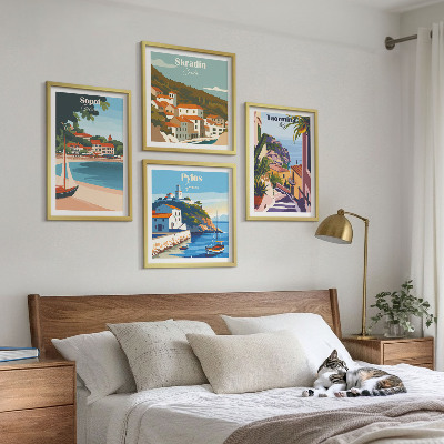 Tavelvägg med 4 tavlor Illustrationer av kuststaden