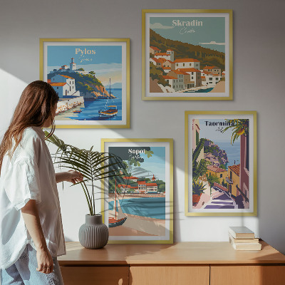 Tavelvägg med 4 tavlor Illustrationer av kuststaden