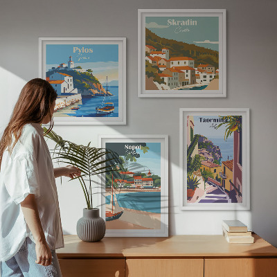 Tavelvägg med 4 tavlor Illustrationer av kuststaden