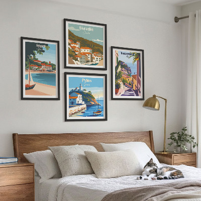 Tavelvägg med 4 tavlor Illustrationer av kuststaden