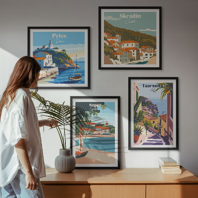 Tavelvägg med 4 tavlor Illustrationer av kuststaden