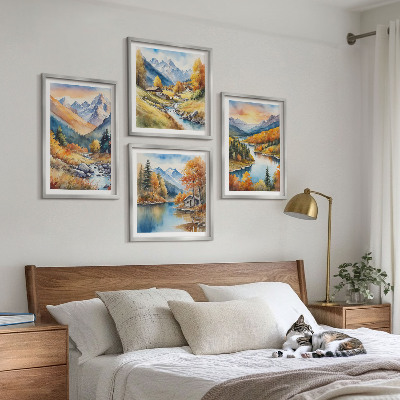Tavelvägg ovanför soffa Berglandskap med en flod