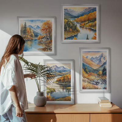 Set om 4 tavlor Bergsutsikt flod höst