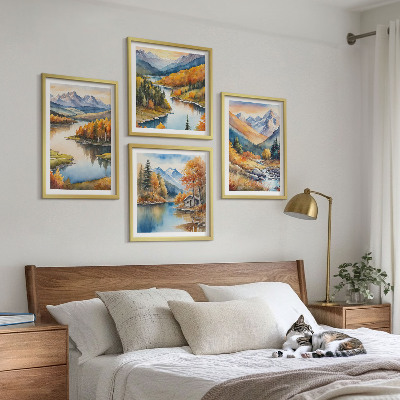 Set om 4 tavlor Bergsutsikt flod höst
