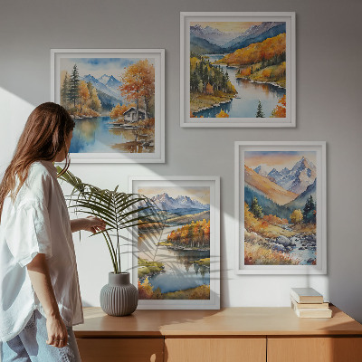 Set om 4 tavlor Bergsutsikt flod höst