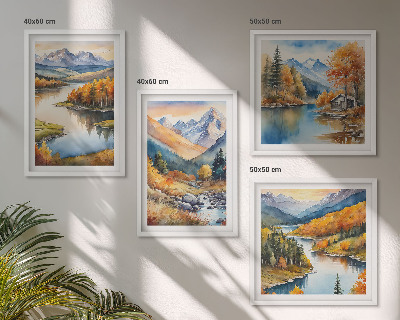 Set om 4 tavlor Bergsutsikt flod höst