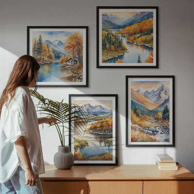 Set om 4 tavlor Bergsutsikt flod höst