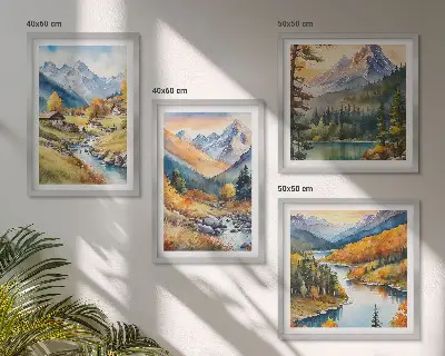 Tavelvägg med 4 tavlor motiv med bergslandskap, flod och stugor