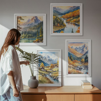 Tavelvägg med 4 tavlor Bergslandskap, flod, stugor