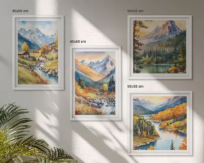 Tavelvägg med 4 tavlor motiv med bergslandskap, flod och stugor
