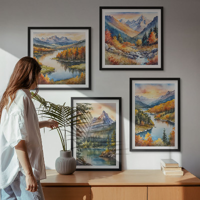Tavelvägg med 4 tavlor Berglandskap med en flod