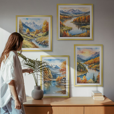 Tavelvägg med 4 tavlor Höstens berg flodstuga