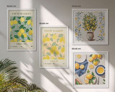 Tavelvägg ovanför soffa Citrusfrukter Italien